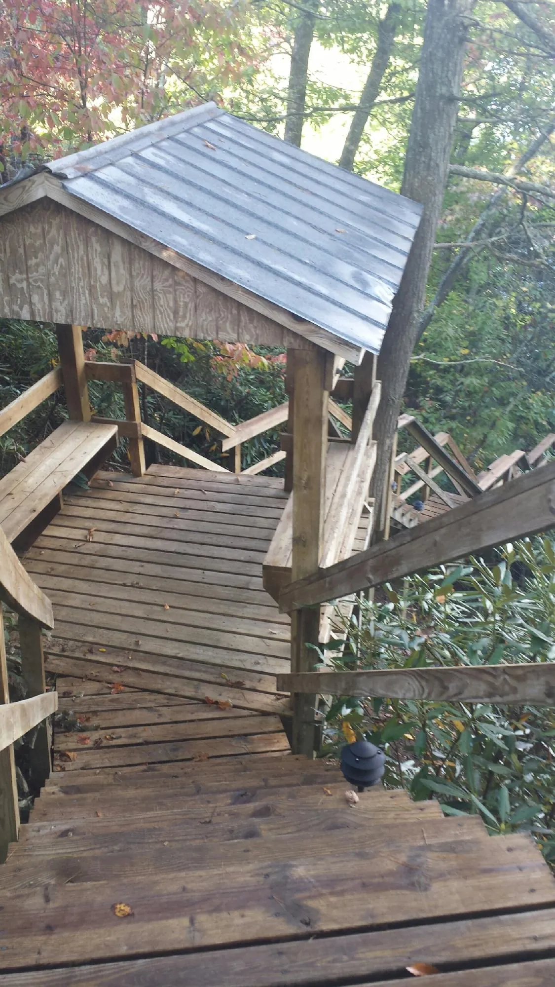 Metal roofed shelter over wooden steps on a wooded walkway — Skylight Repair & Installation work by our crew in Nielsville
